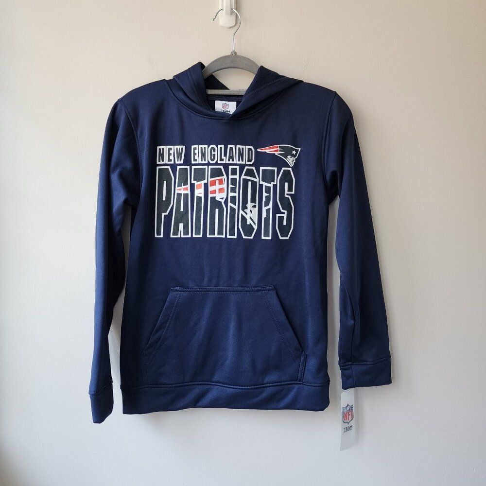 Youth Large New England Patriots Double Logo Pullover Hoodie | Navy Blue Fleece